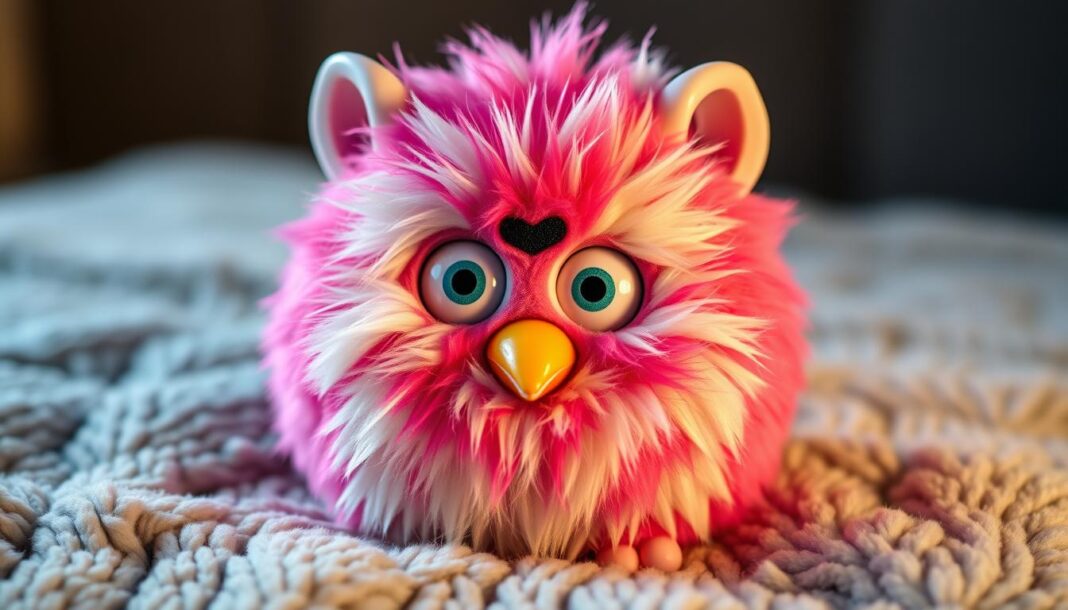 A furry, round Furby electronic companion sits on a plush, textured surface. Its large, expressive eyes gaze warmly at the viewer, capturing the whimsical charm of this iconic 90s toy. The Furby's soft, multi-colored fur appears vibrant and detailed under soft, diffused lighting, which casts gentle shadows and highlights its unique facial features. The background is slightly blurred, creating a sense of depth and focus on the Furby's endearing presence. The overall composition conveys a sense of nostalgia and the playful, interactive nature of this classic electronic pet.